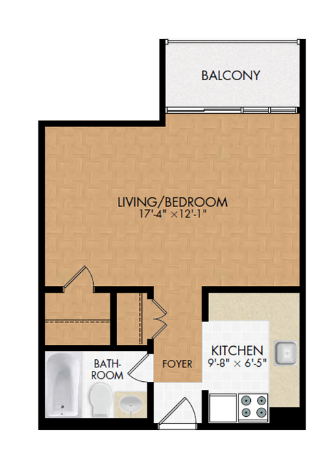 Floor plan for studio, 1 bath, 400 sqft